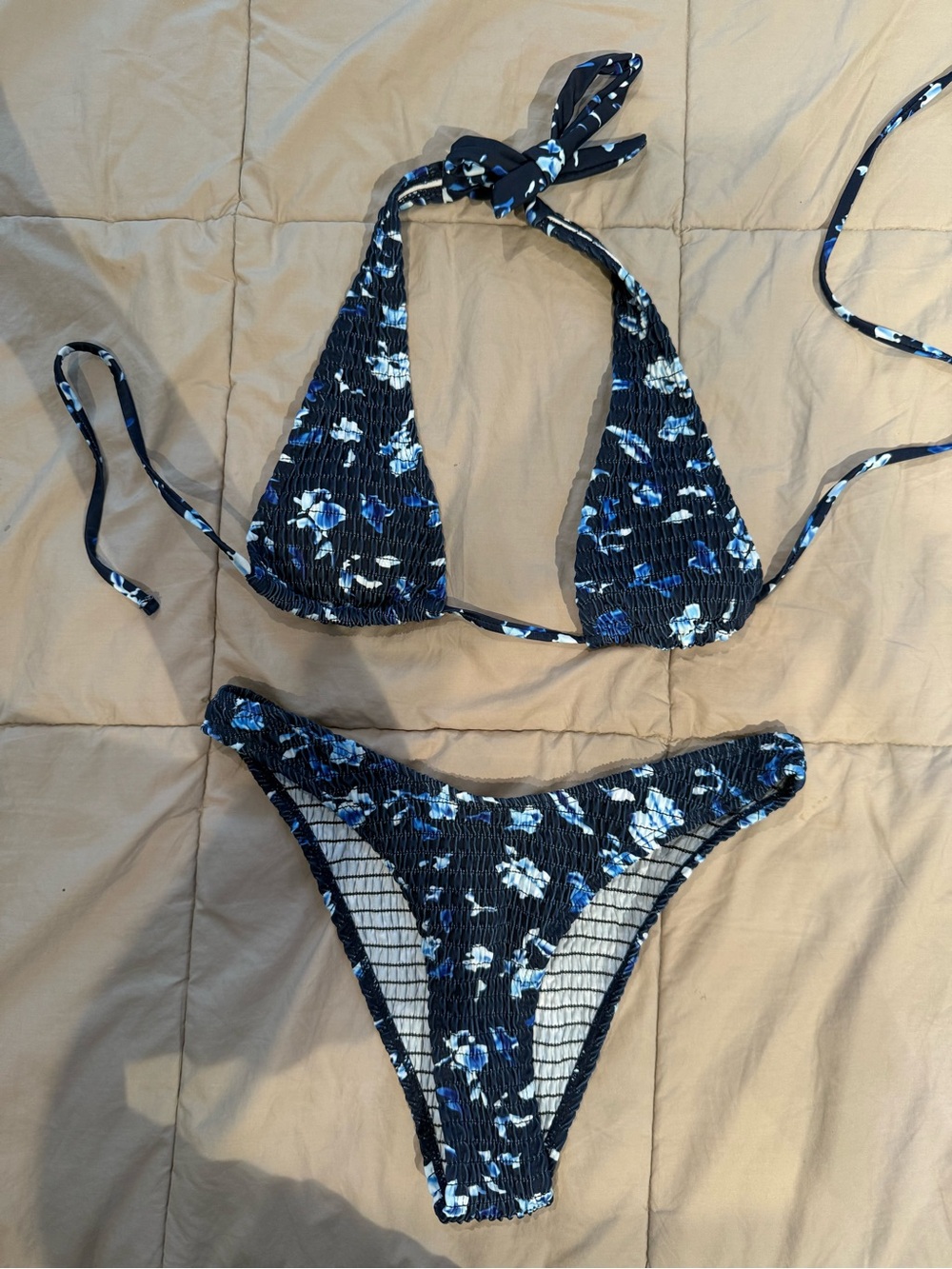 Navy Floral Smocked Bikini Set